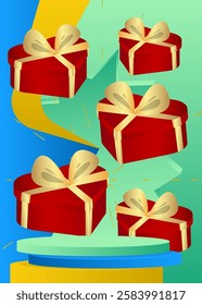 Mockup product display with Heart shaped gift box. Vector cylinder pedestal podium. Stage showcase for presentation. Minimal geometric forms.