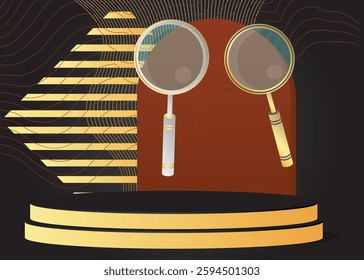 Mockup product display with Magnifying Glass. Vector cylinder pedestal podium. Stage showcase for presentation. Minimal geometric forms.