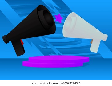 Mockup product display with Megaphone. Vector cylinder pedestal podium. Stage showcase for presentation. Minimal geometric forms.