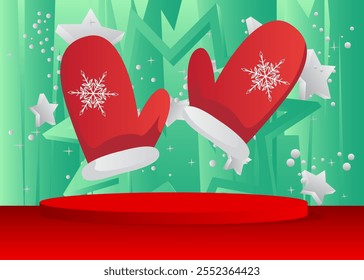 Mockup product display with Mitten Glove. Vector cylinder pedestal podium. Stage showcase for presentation. Minimal geometric forms.