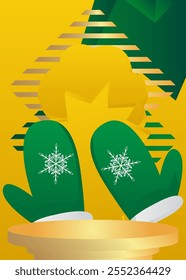 Mockup product display with Mitten Glove. Vector cylinder pedestal podium. Stage showcase for presentation. Minimal geometric forms.