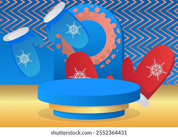 Mockup product display with Mitten Glove. Vector cylinder pedestal podium. Stage showcase for presentation. Minimal geometric forms.