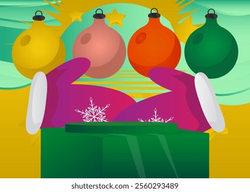 Mockup product display with Mitten Glove and Christmas decoration ball. Vector cylinder pedestal podium. Stage showcase for presentation. Minimal geometric forms.