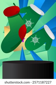 Mockup product display with Mitten Glove and Christmas stocking. Vector cylinder pedestal podium. Stage showcase for presentation. Minimal geometric forms.