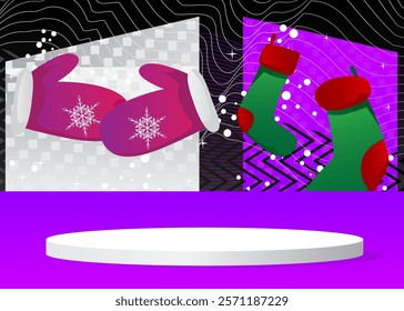 Mockup product display with Mitten Glove and Christmas stocking. Vector cylinder pedestal podium. Stage showcase for presentation. Minimal geometric forms.