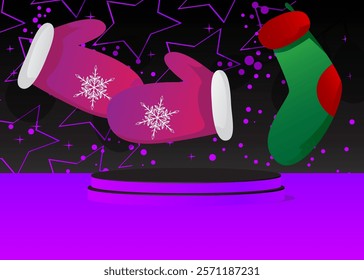 Mockup product display with Mitten Glove and Christmas stocking. Vector cylinder pedestal podium. Stage showcase for presentation. Minimal geometric forms.