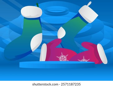 Mockup product display with Mitten Glove and Christmas stocking. Vector cylinder pedestal podium. Stage showcase for presentation. Minimal geometric forms.