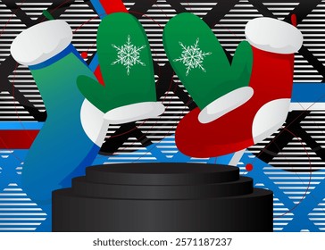 Mockup product display with Mitten Glove and Christmas stocking. Vector cylinder pedestal podium. Stage showcase for presentation. Minimal geometric forms.