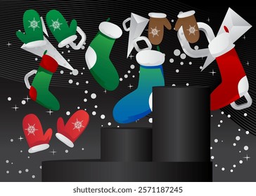 Mockup product display with Mitten Glove and Christmas stocking. Vector cylinder pedestal podium. Stage showcase for presentation. Minimal geometric forms.