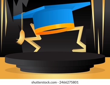 Mockup product display with Mortarboard. Vector Blue, Black and Gold cylinder pedestal podium. Stage showcase for presentation. Minimal geometric forms.