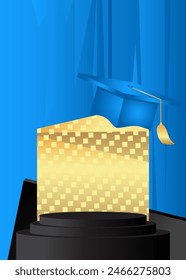 Mockup product display with Mortarboard. Vector Blue, Black and Gold cylinder pedestal podium. Stage showcase for presentation. Minimal geometric forms.