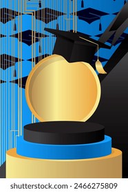 Mockup product display with Mortarboard. Vector Blue, Black and Gold cylinder pedestal podium. Stage showcase for presentation. Minimal geometric forms.