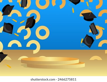 Mockup product display with Mortarboard. Vector Blue, Black and Gold cylinder pedestal podium. Stage showcase for presentation. Minimal geometric forms.