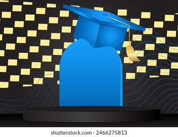 Mockup product display with Mortarboard. Vector Blue, Black and Gold cylinder pedestal podium. Stage showcase for presentation. Minimal geometric forms.
