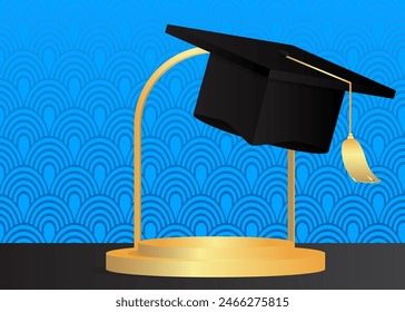 Mockup product display with Mortarboard. Vector Blue, Black and Gold cylinder pedestal podium. Stage showcase for presentation. Minimal geometric forms.