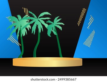 Exhibición de maqueta de producto con Palm Tree. Podio del pedestal del cilindro de Vector. Escaparate escénico para presentación. Formas geométricas mínimas.