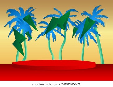 Mockup product display with Palm Tree. Vector cylinder pedestal podium. Stage showcase for presentation. Minimal geometric forms.