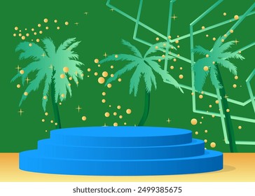 Mockup product display with Palm Tree. Vector cylinder pedestal podium. Stage showcase for presentation. Minimal geometric forms.