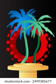 Exhibición de maqueta de producto con Palm Tree. Podio del pedestal del cilindro de Vector. Escaparate escénico para presentación. Formas geométricas mínimas.