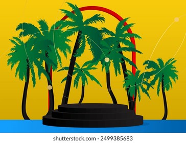 Mockup product display with Palm Tree. Vector cylinder pedestal podium. Stage showcase for presentation. Minimal geometric forms.