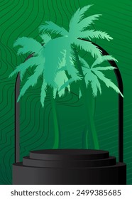 Mockup product display with Palm Tree. Vector cylinder pedestal podium. Stage showcase for presentation. Minimal geometric forms.