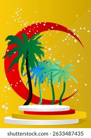 Mockup product display with Palm Tree. Vector cylinder pedestal podium. Stage showcase for presentation. Minimal geometric forms.