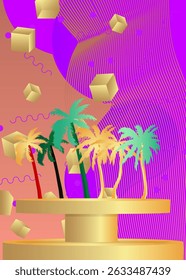 Mockup product display with Palm Tree. Vector cylinder pedestal podium. Stage showcase for presentation. Minimal geometric forms.