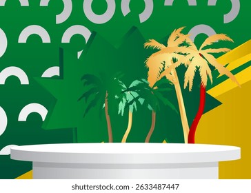 Maquete a exposição do produto com Palm Tree. Pódio pedestal do cilindro vetorial. Exibição de palco para apresentação. Formas geométricas mínimas.