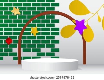 Mockup product display. Realistic vector 3D room, cylinder pedestal podium. Stage showcase for presentation. Futuristic Sci-fi minimal geometric forms, empty scene.