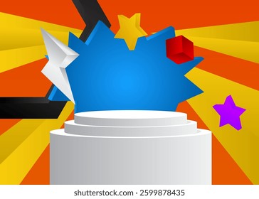 Mockup product display. Realistic vector 3D room, cylinder pedestal podium. Stage showcase for presentation. Futuristic Sci-fi minimal geometric forms, empty scene.