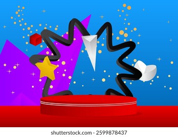 Mockup product display. Realistic vector 3D room, cylinder pedestal podium. Stage showcase for presentation. Futuristic Sci-fi minimal geometric forms, empty scene.