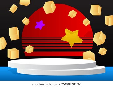 Mockup product display. Realistic vector 3D room, cylinder pedestal podium. Stage showcase for presentation. Futuristic Sci-fi minimal geometric forms, empty scene.