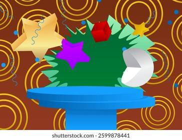 Mockup product display. Realistic vector 3D room, cylinder pedestal podium. Stage showcase for presentation. Futuristic Sci-fi minimal geometric forms, empty scene.