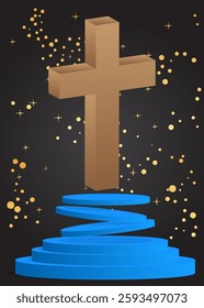 Mockup product display with Religion cross, Crucifix. Vector cylinder pedestal podium. Stage showcase for presentation. Minimal geometric forms.