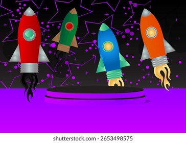 Exibição do produto da maquete com Rocketship. Pódio pedestal do cilindro vetorial. Exibição de palco para apresentação. Formas geométricas mínimas.