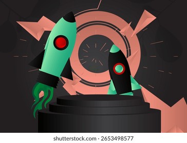 Mockup product display with Rocketship. Vector cylinder pedestal podium. Stage showcase for presentation. Minimal geometric forms.