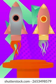 Mockup product display with Rocketship. Vector cylinder pedestal podium. Stage showcase for presentation. Minimal geometric forms.