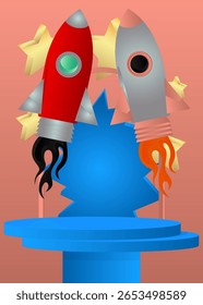 Exibição do produto da maquete com Rocketship. Pódio pedestal do cilindro vetorial. Exibição de palco para apresentação. Formas geométricas mínimas.