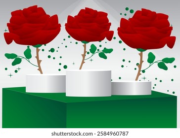 Mockup product display with Rose. Vector cylinder pedestal podium. Stage showcase for presentation. Minimal geometric forms.