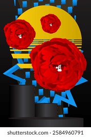 Mockup product display with Rose. Vector cylinder pedestal podium. Stage showcase for presentation. Minimal geometric forms.