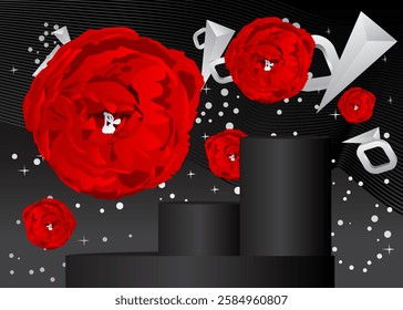 Mockup product display with Rose. Vector cylinder pedestal podium. Stage showcase for presentation. Minimal geometric forms.