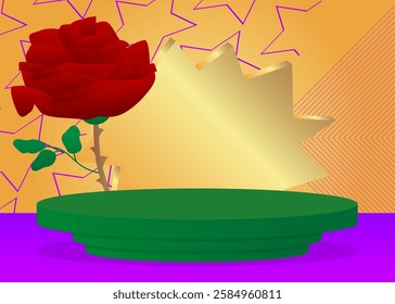 Mockup product display with Rose. Vector cylinder pedestal podium. Stage showcase for presentation. Minimal geometric forms.