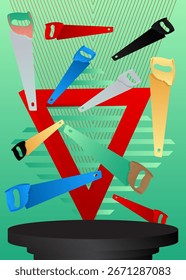 Maquete de exposição do produto com serra. Pódio pedestal do cilindro vetorial. Exibição de palco para apresentação. Formas geométricas mínimas.