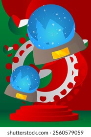 Mockup product display with Snow Globe. Vector cylinder pedestal podium. Stage showcase for presentation. Minimal geometric forms.