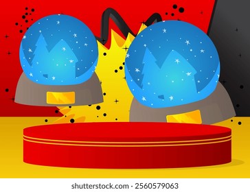 Mockup product display with Snow Globe. Vector cylinder pedestal podium. Stage showcase for presentation. Minimal geometric forms.