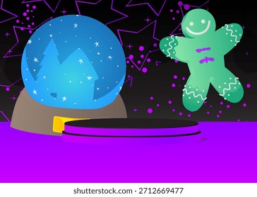 Mockup product display with Snow Globe and Gingerbread Man Christmas Cookie. Vector cylinder pedestal podium. Stage showcase for presentation. Minimal geometric forms.