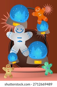 Exhibición del producto de la maqueta con el globo de nieve y la galleta de las Navidades del hombre del jengibre. Podio del pedestal del cilindro de Vector. Escaparate escénico para presentación. Formas geométricas mínimas.