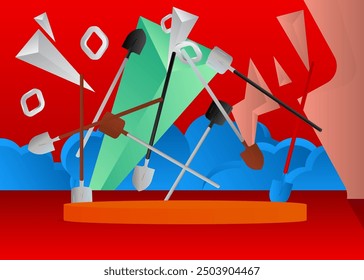 Mockup product display with Spade and Shovel. Vector cylinder pedestal podium. Stage showcase for presentation. Minimal geometric forms.