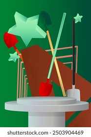 Mockup product display with Spade and Shovel. Vector cylinder pedestal podium. Stage showcase for presentation. Minimal geometric forms.