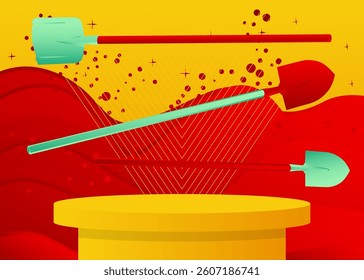 Mockup product display with Spade, Shovel. Vector cylinder pedestal podium. Stage showcase for presentation. Minimal geometric forms.